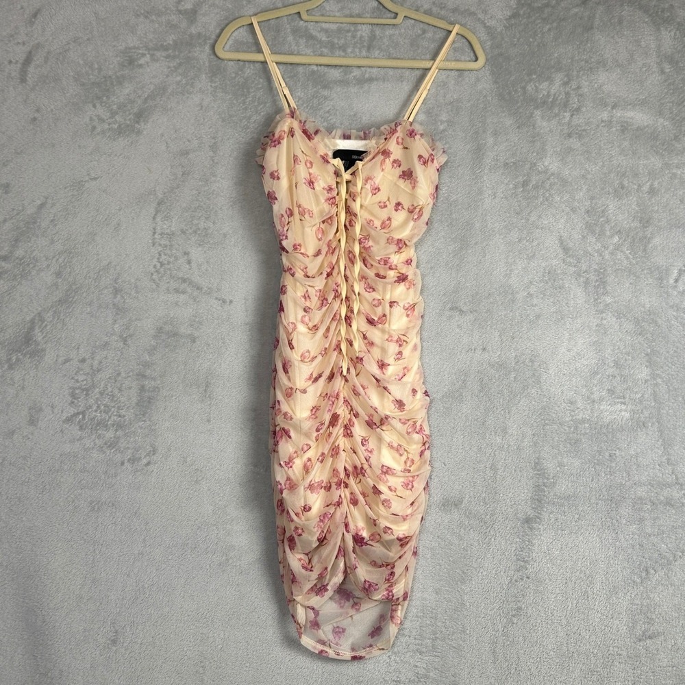 Sbetro‎ Floral Lace Bodycon Dress Pink Mini Ruched Party Festival 90s Fairycore